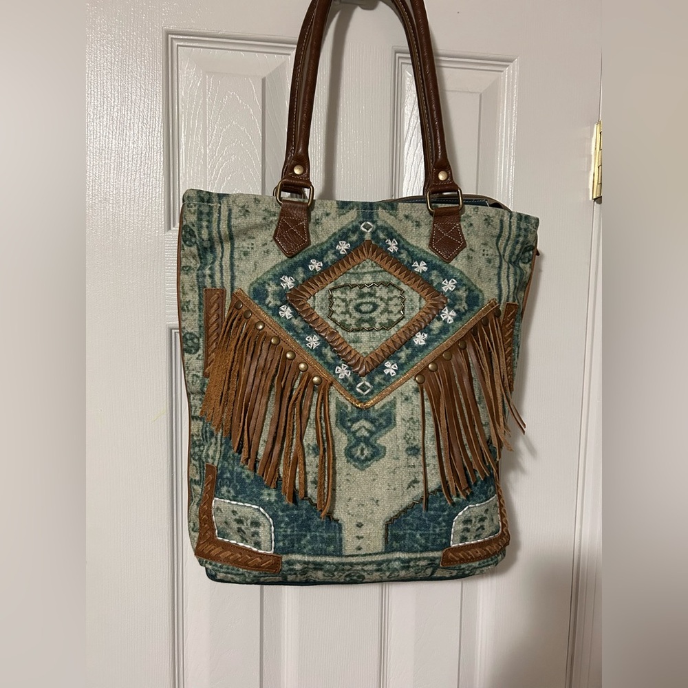 Tribal Fringe Tote Bag - Blue and Brown